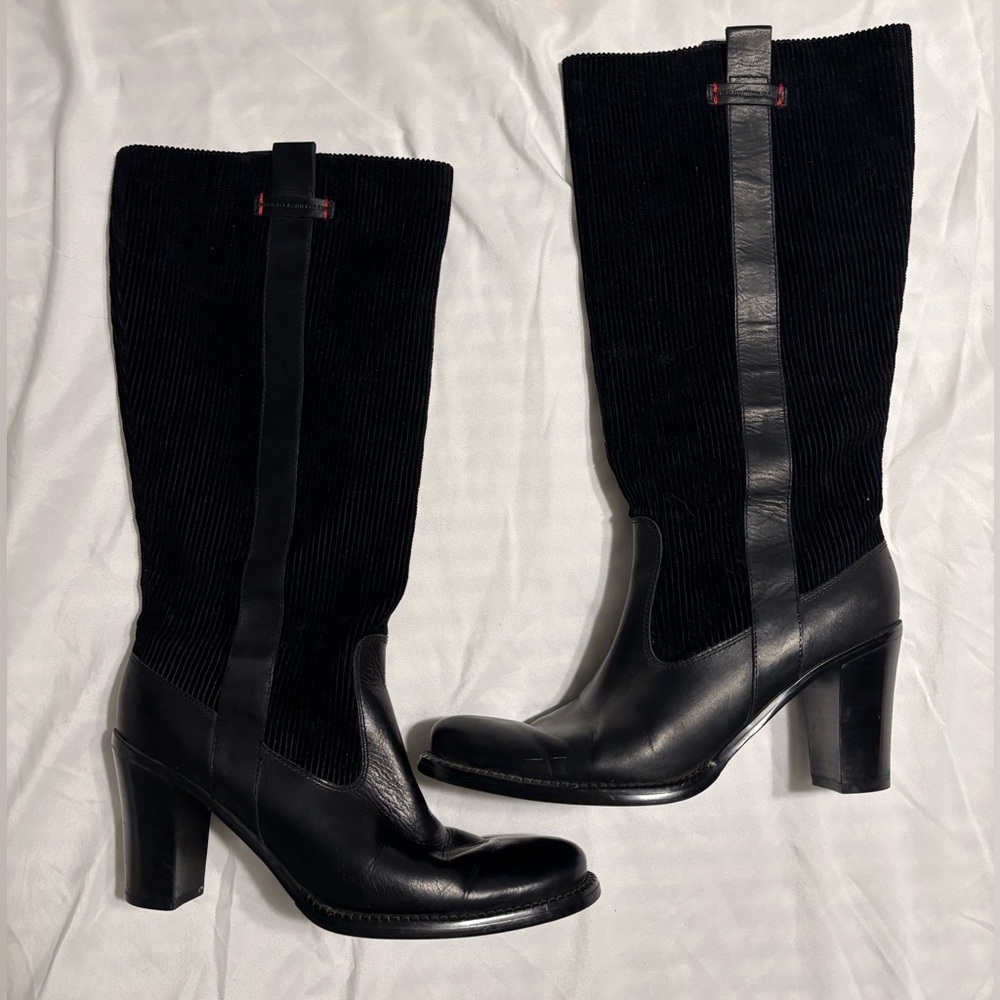 Black Corduroy + Leather Over the Calf Block Heel Pull On Boot winter career